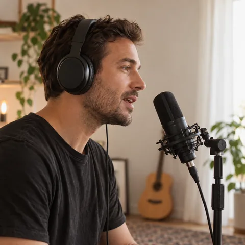 A creator recording a reference at a microphone